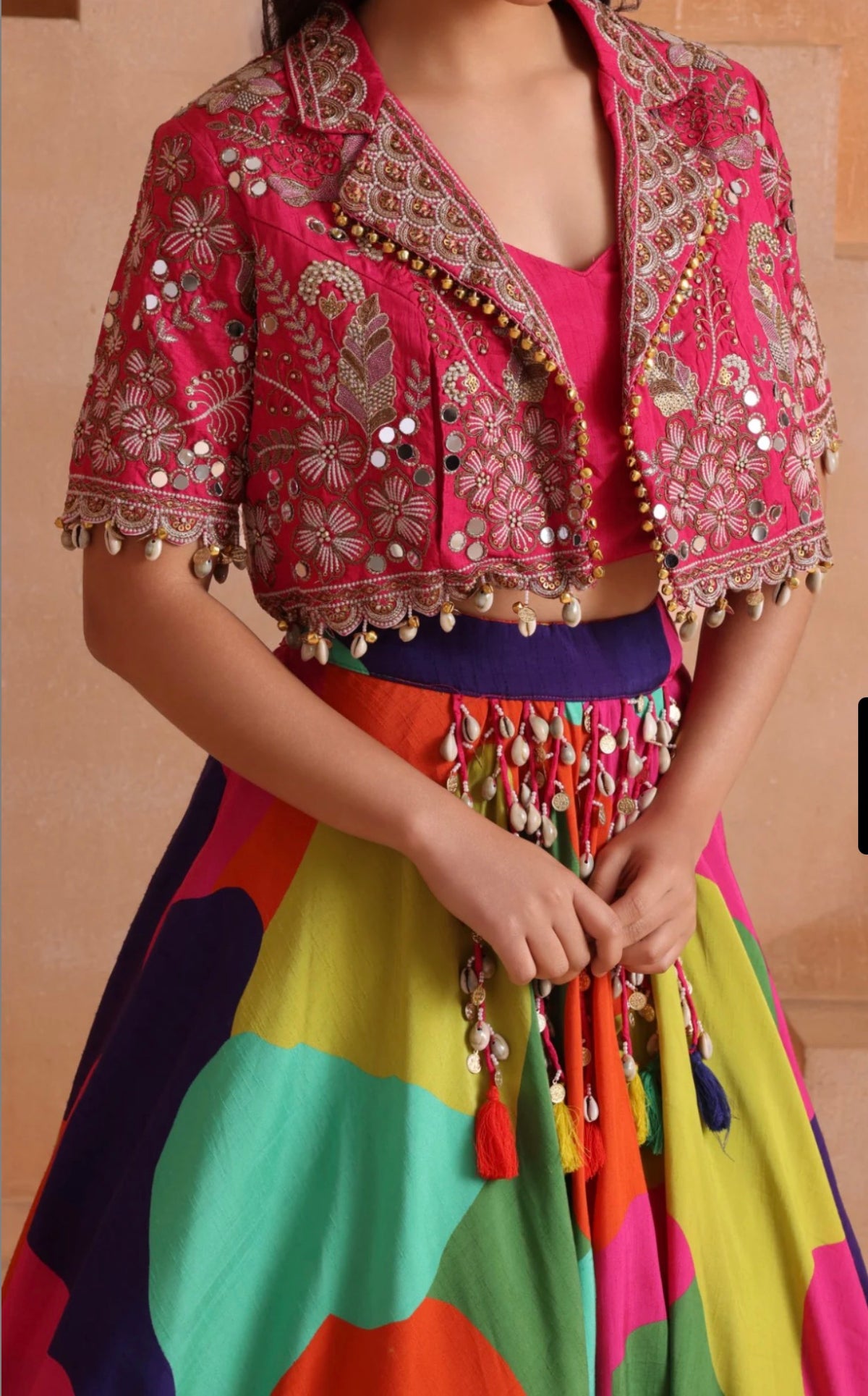 Multicolour Printed Lehenga with Mirror Koti, view 7
