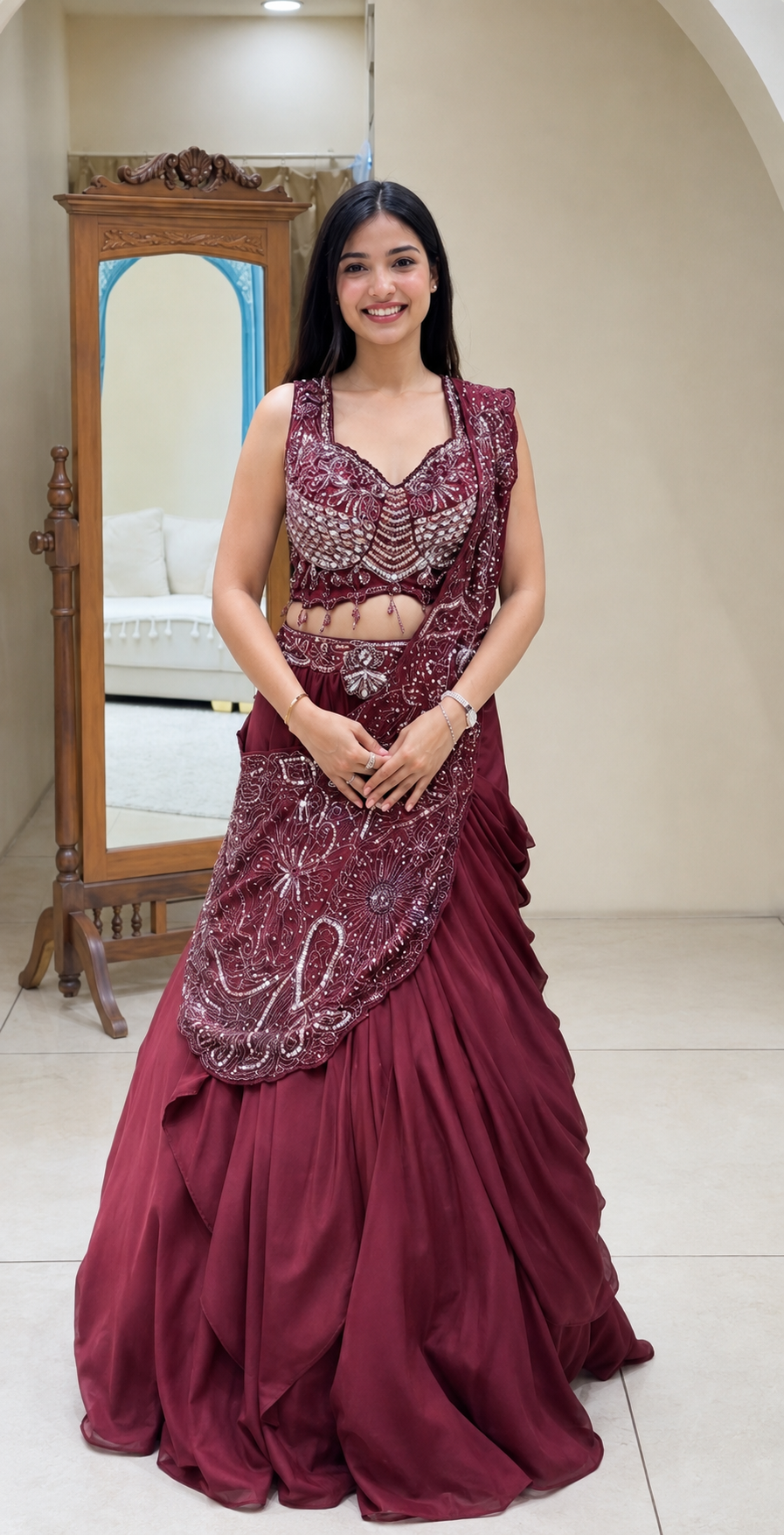 Wine Rangoli Silk Lehenga with Attached Pallu