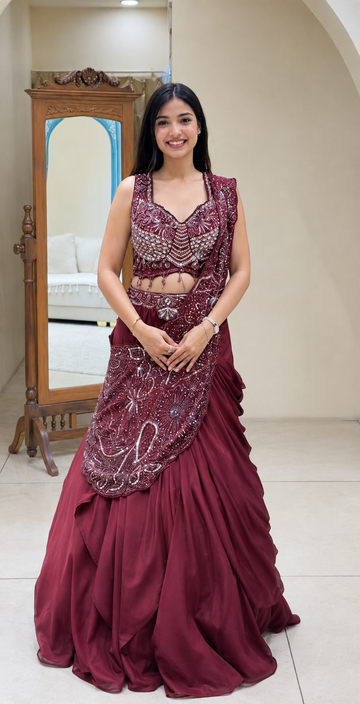 Wine Rangoli Silk Lehenga with Attached Pallu