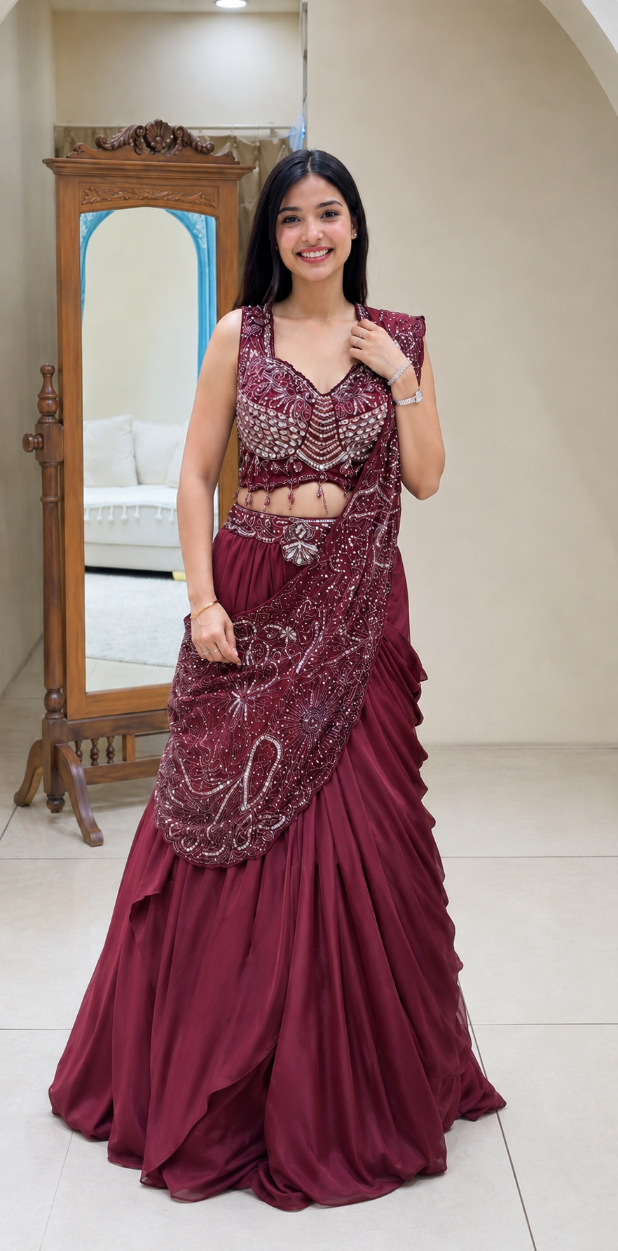 Wine Rangoli Silk Lehenga with Attached Pallu