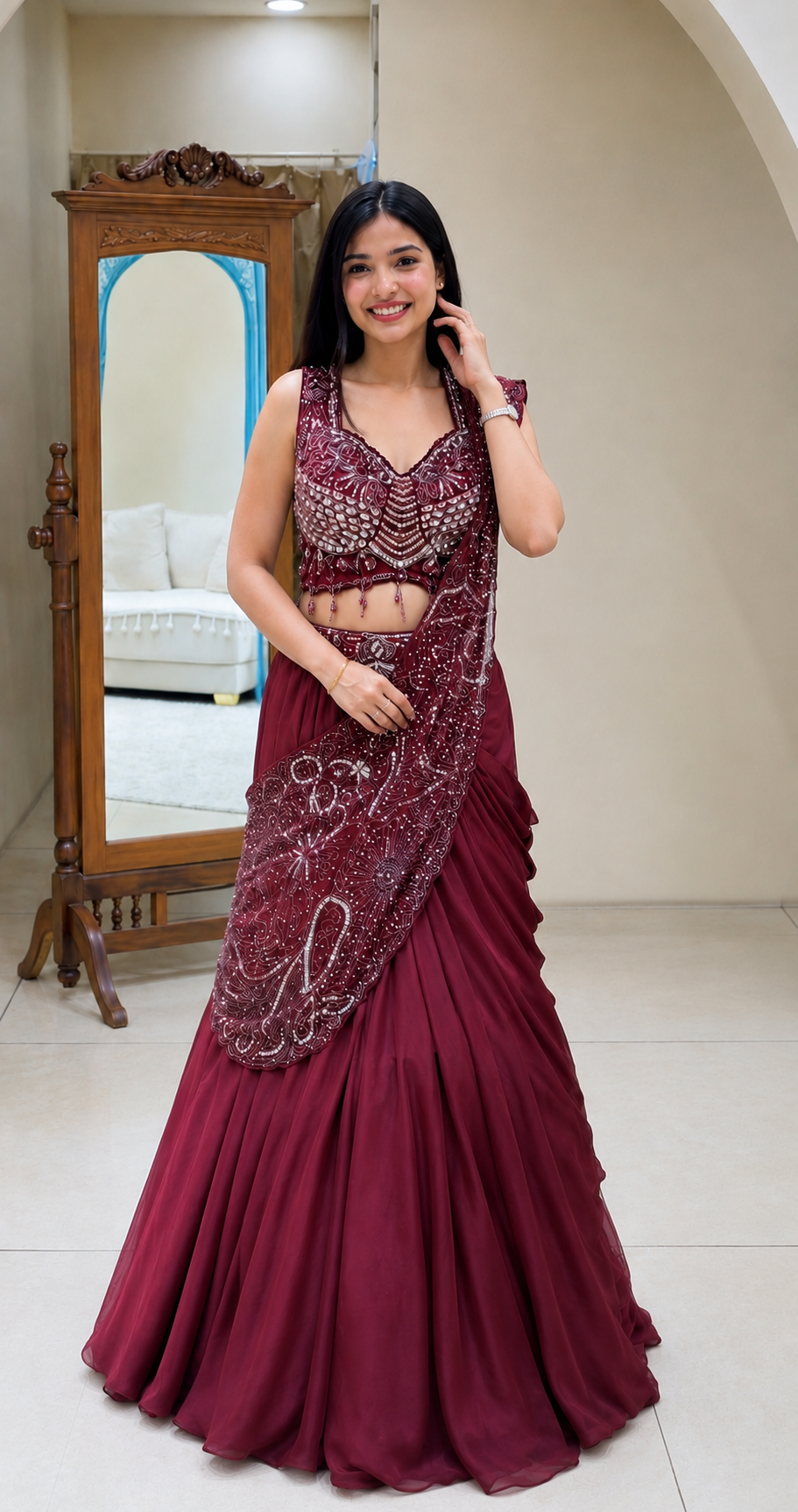 Wine Rangoli Silk Lehenga with Attached Pallu, view 3