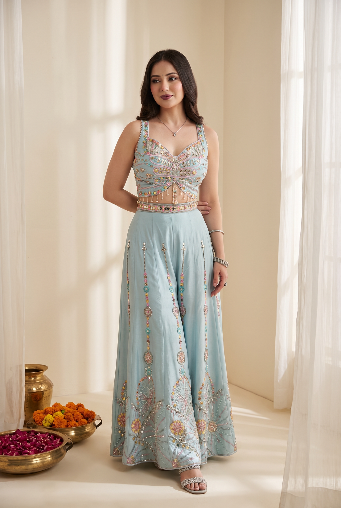 Sky Blue Rangoli Silk Palazzo Set with Dupatta