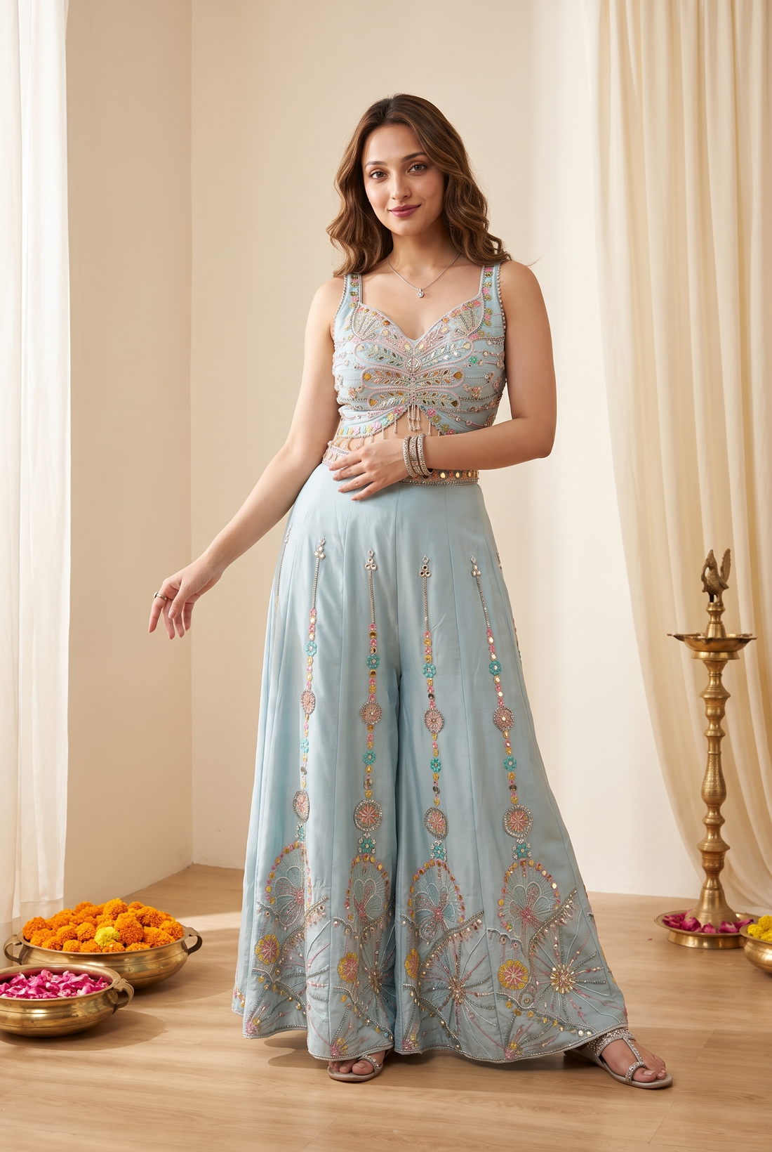 Sky Blue Rangoli Silk Palazzo Set with Dupatta