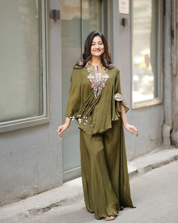 Olive Green Chinon Sequin Indo-Western Set