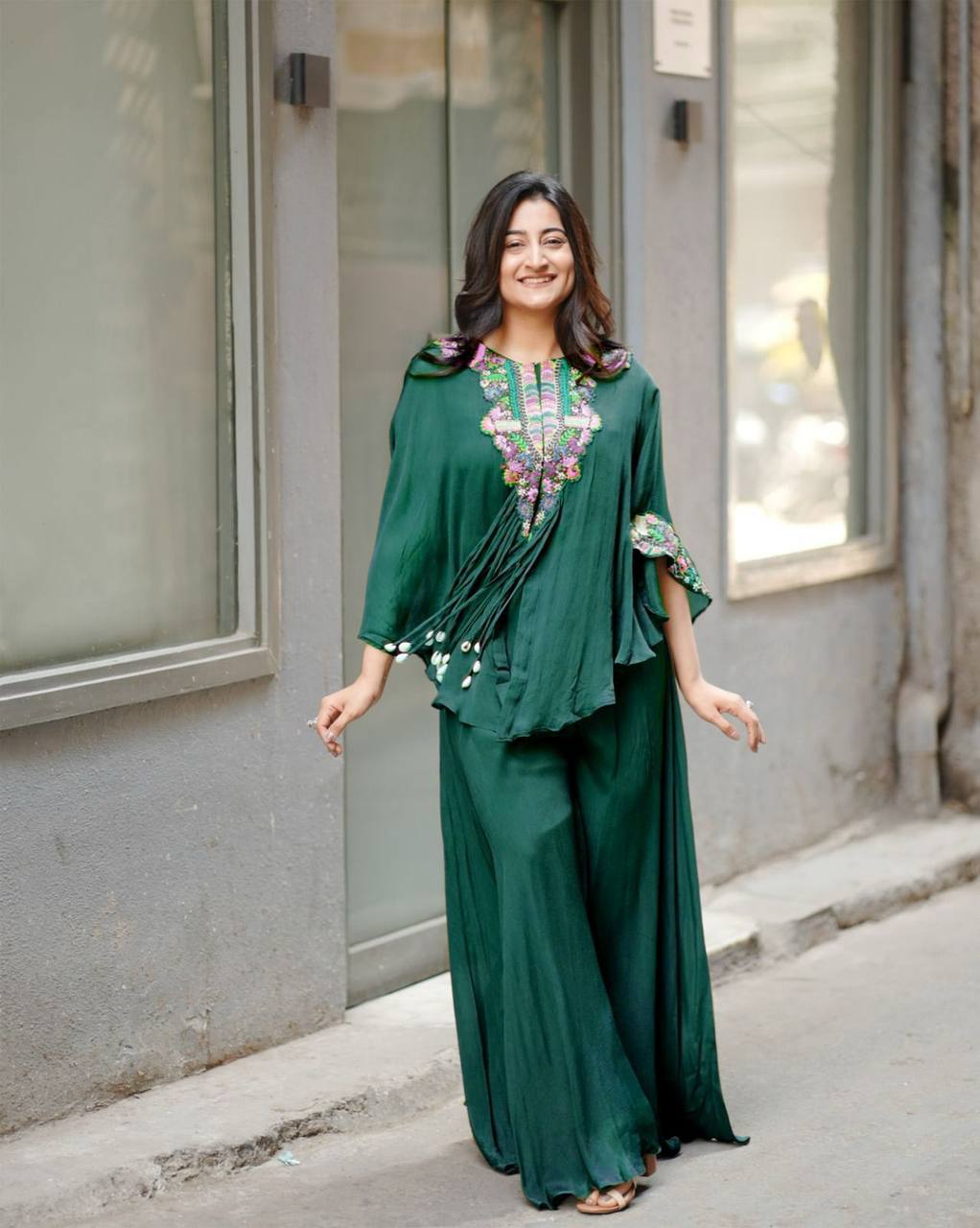 Bottle Green Chinon Sequin Indo-Western Set