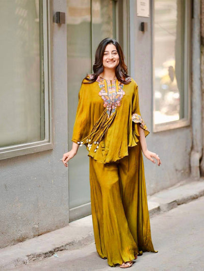 Mustard Chinon Sequin Indo-Western Set