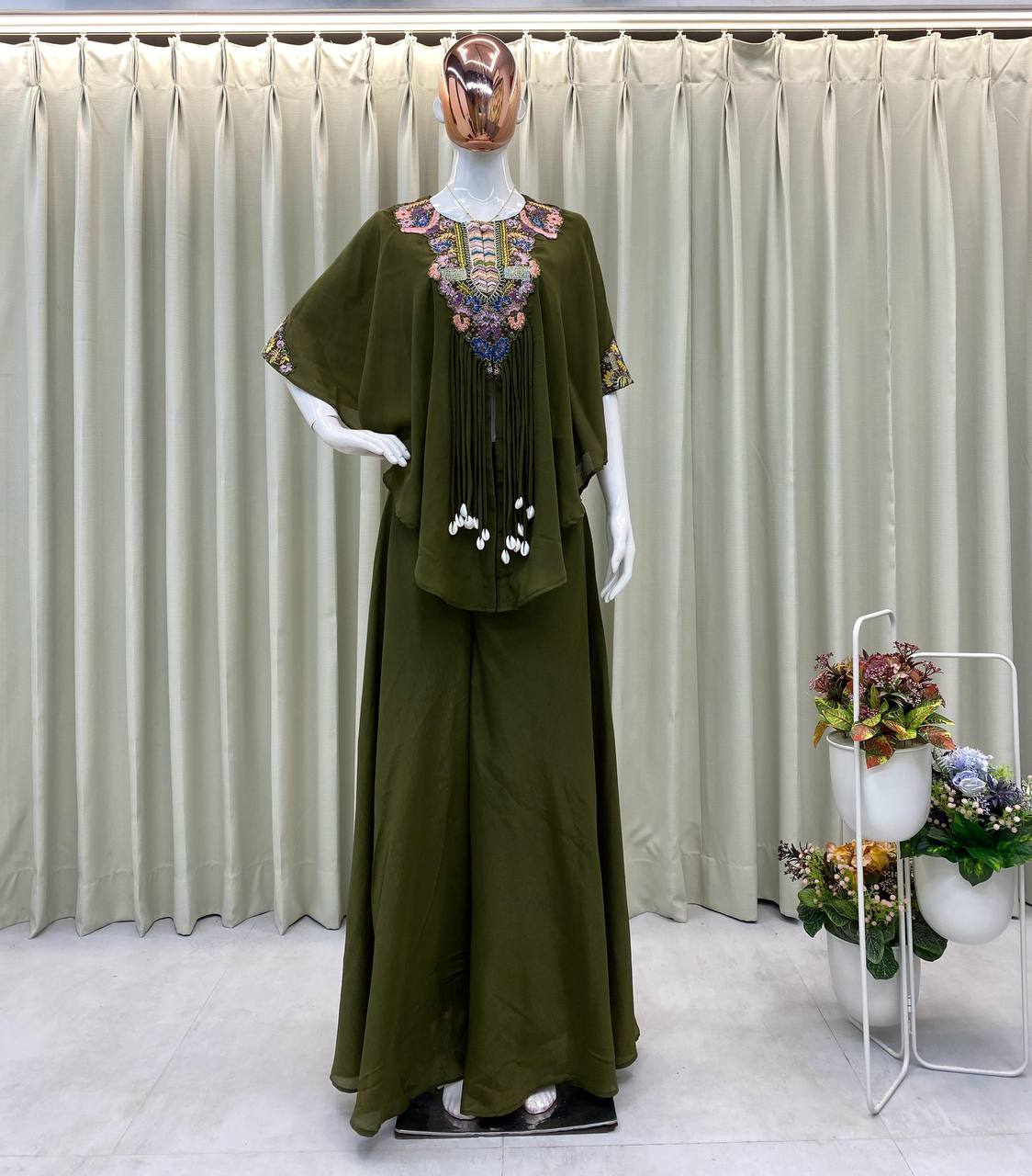 Olive Green Chinon Sequin Indo-Western Set, view 2