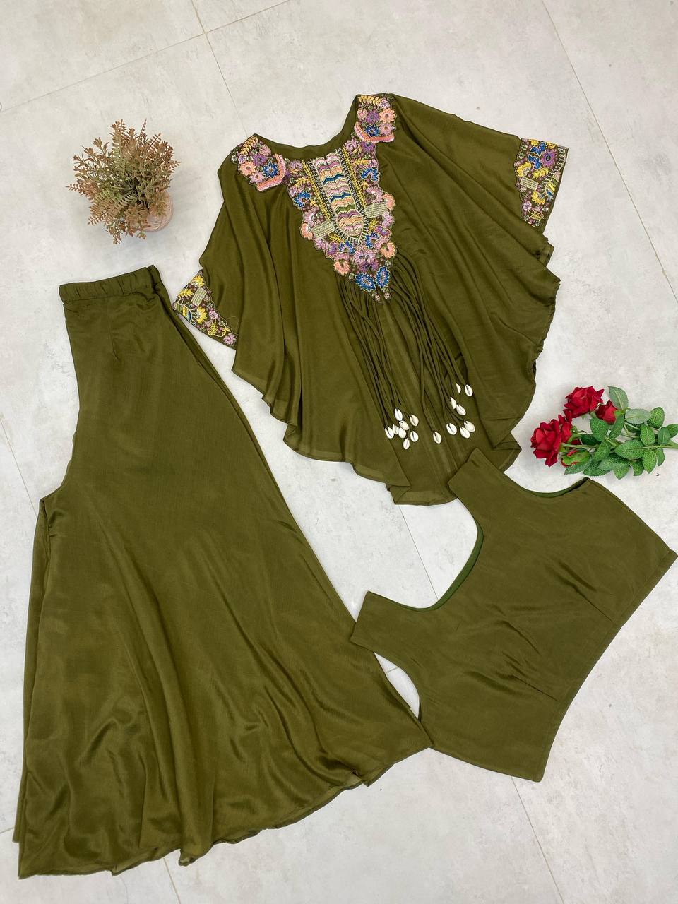 Olive Green Chinon Sequin Indo-Western Set, view 3