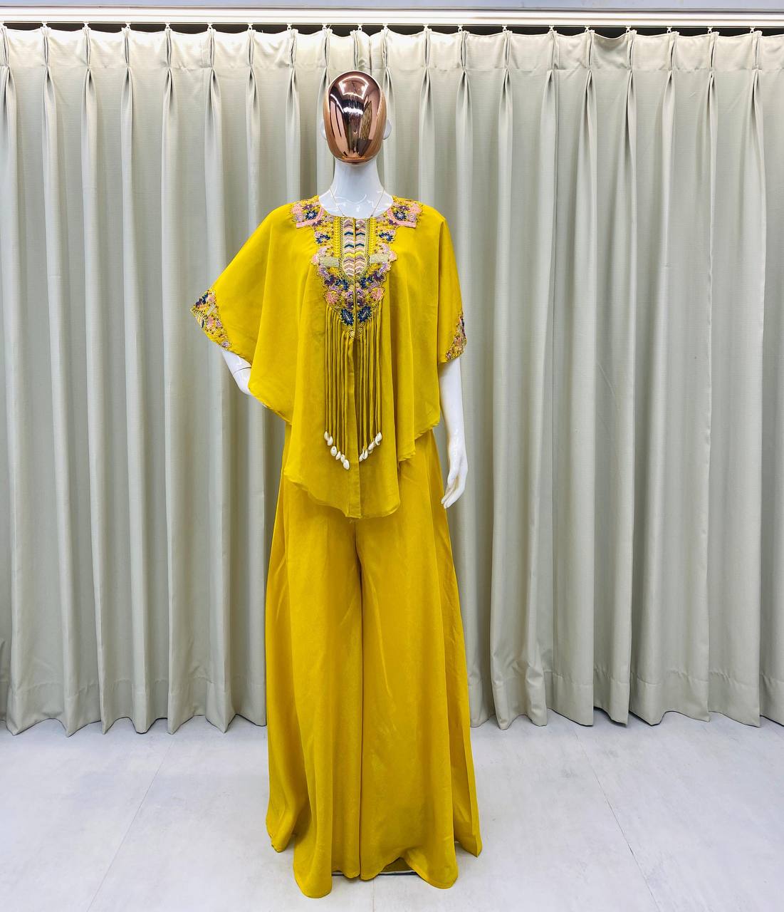 Mustard Chinon Sequin Indo-Western Set, view 2