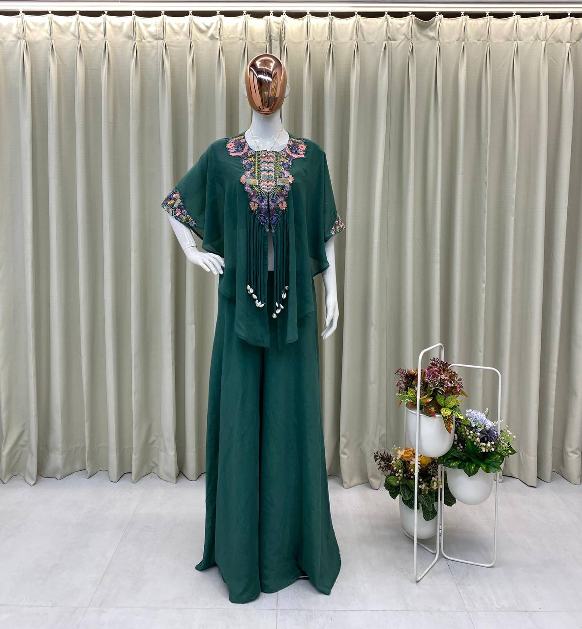 Bottle Green Chinon Sequin Indo-Western Set, view 2