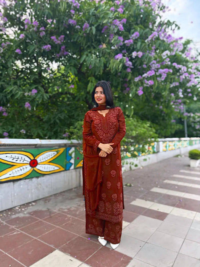 Rust Faux Georgette Embroidered Kurta Palazzo Set