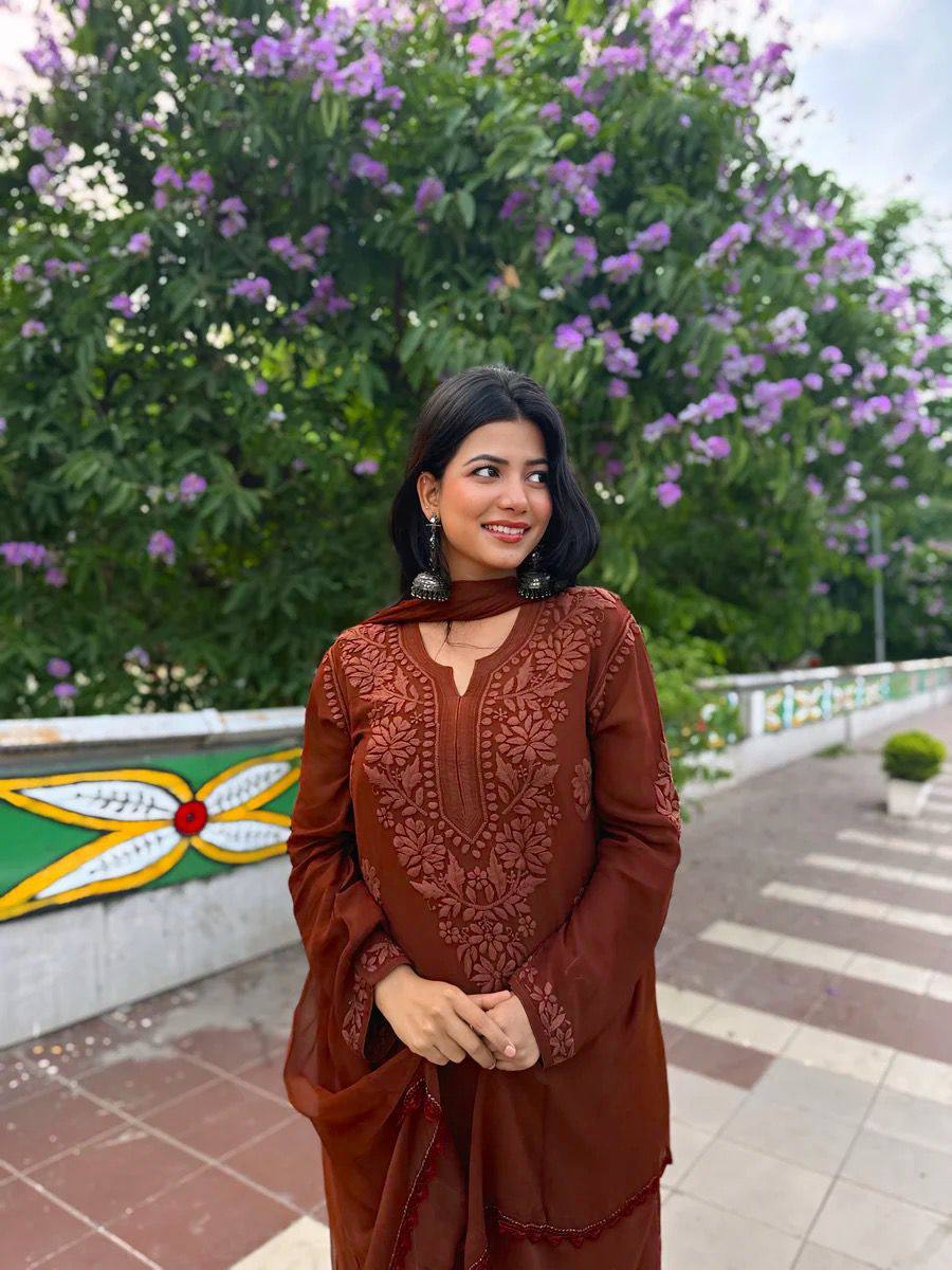 Rust Faux Georgette Embroidered Kurta Palazzo Set, view 2