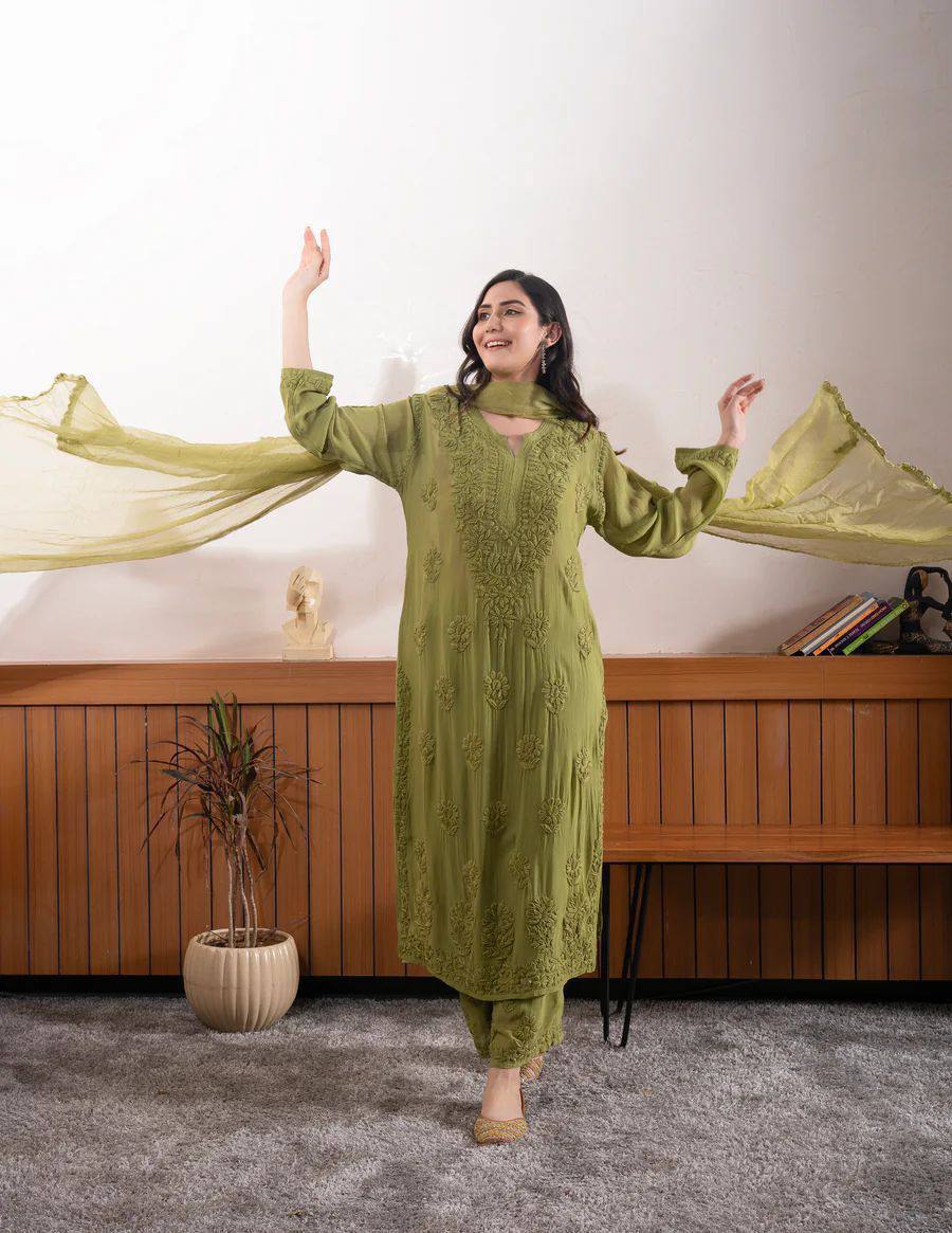 Mehendi Green Faux Georgette Embroidered Kurta Palazzo Set
