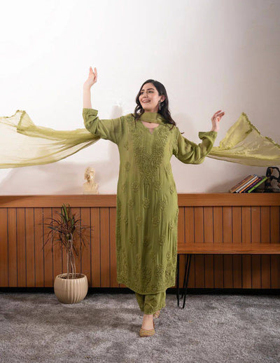 Mehendi Green Faux Georgette Embroidered Kurta Palazzo Set