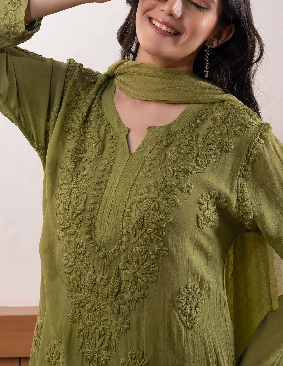 Mehendi Green Faux Georgette Embroidered Kurta Palazzo Set, view 2