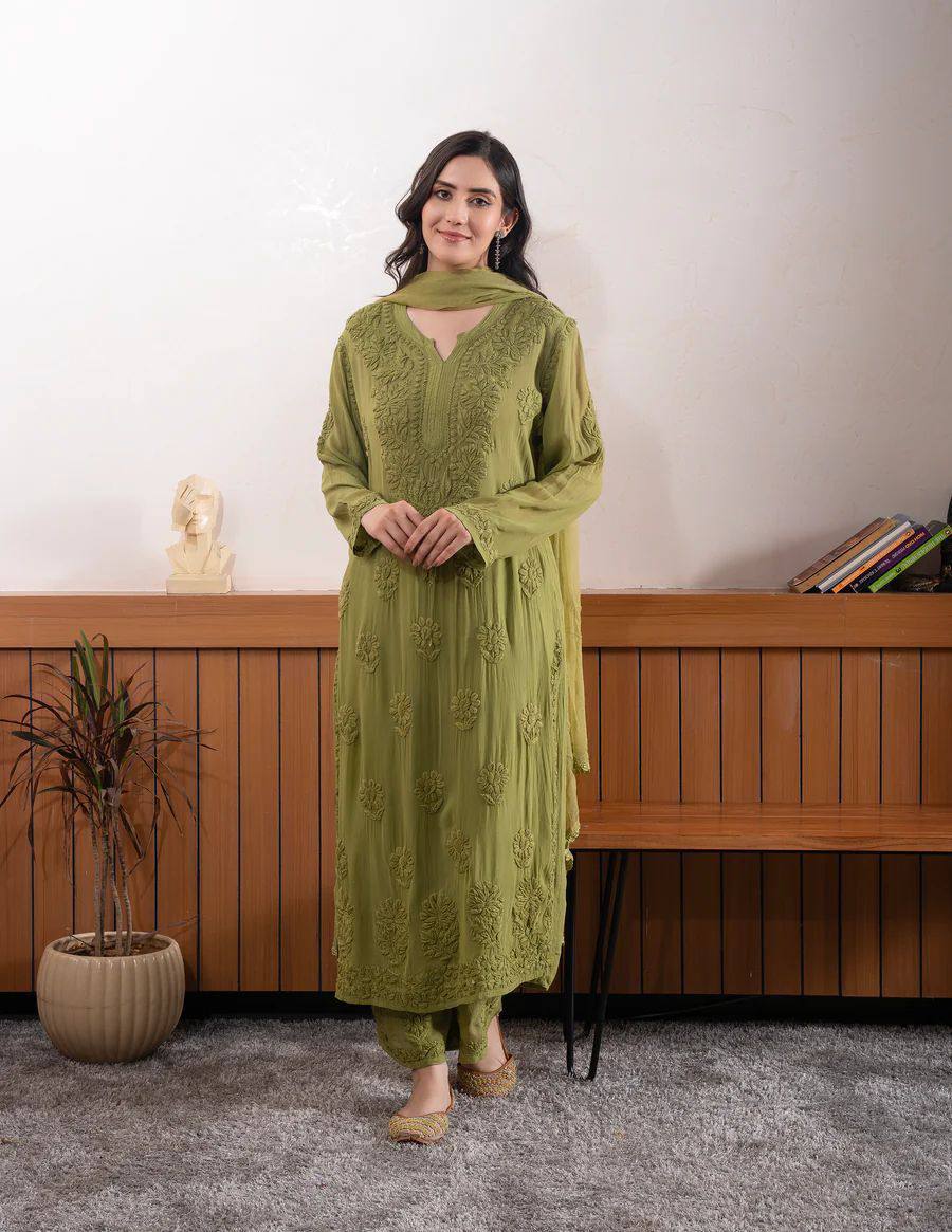 Mehendi Green Faux Georgette Embroidered Kurta Palazzo Set, view 3