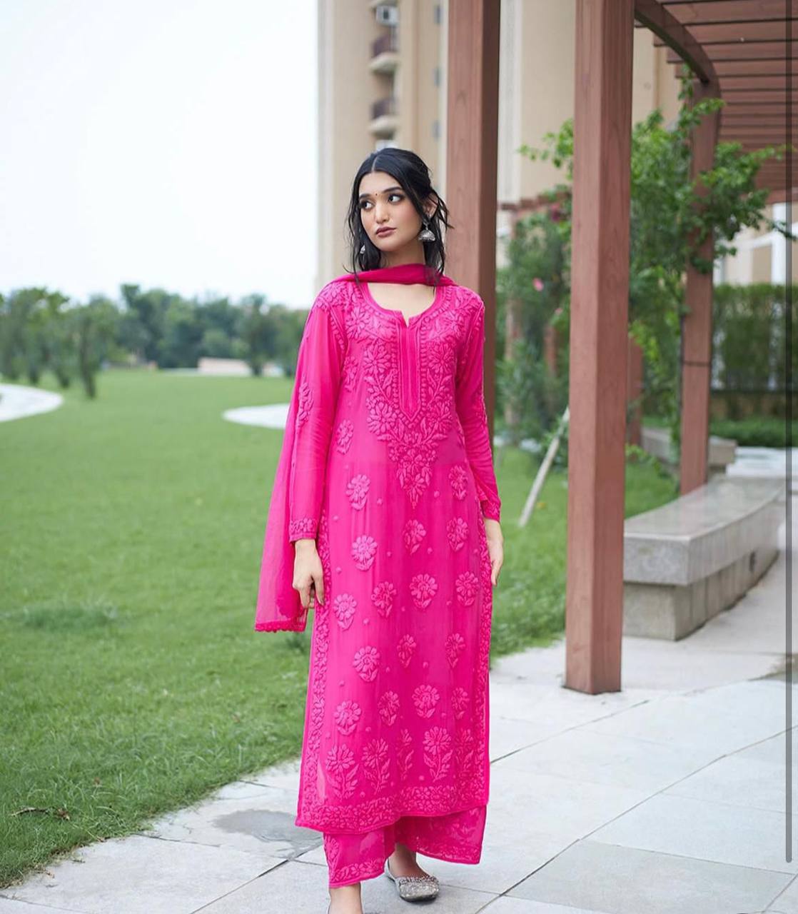 Rani Pink Faux Georgette Embroidered Kurta Palazzo Set
