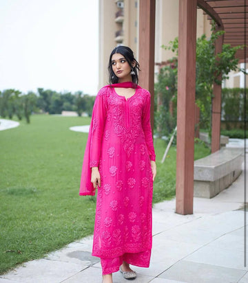 Rani Pink Faux Georgette Embroidered Kurta Palazzo Set