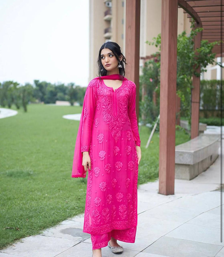 Rani Pink Faux Georgette Embroidered Kurta Palazzo Set