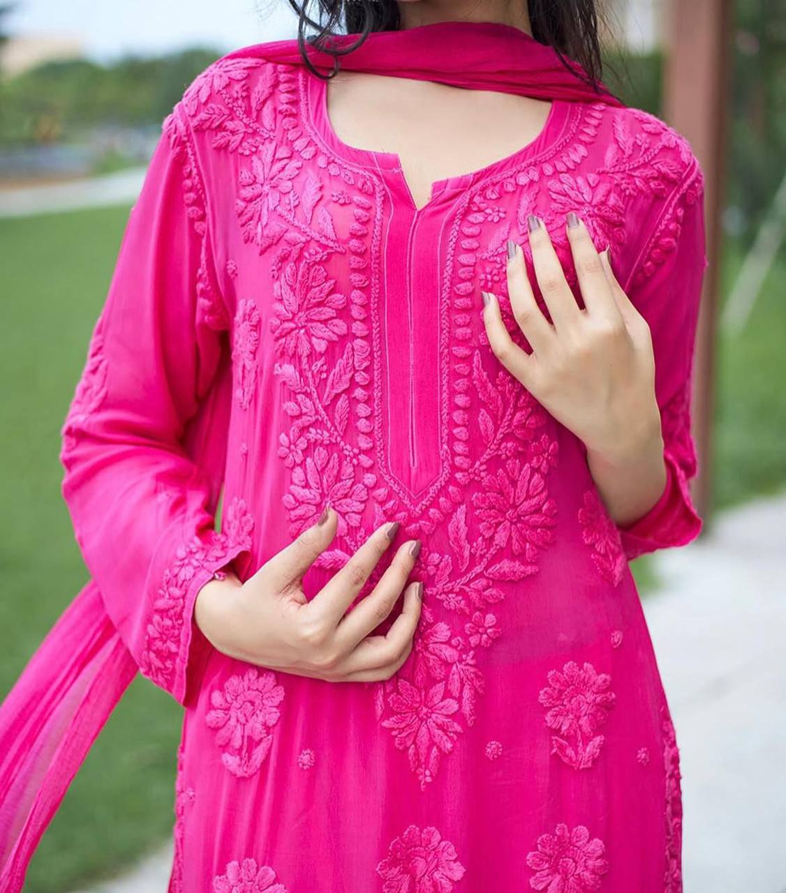 Rani Pink Faux Georgette Embroidered Kurta Palazzo Set, view 2