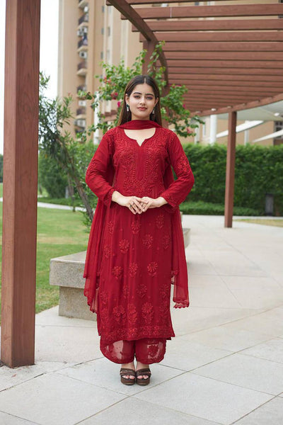 Red Faux Georgette Embroidered Kurta Palazzo Set