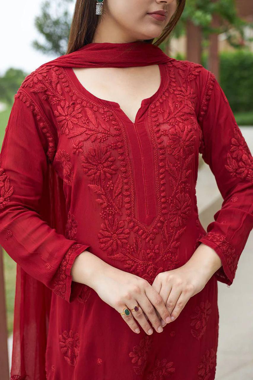Red Faux Georgette Embroidered Kurta Palazzo Set, view 2