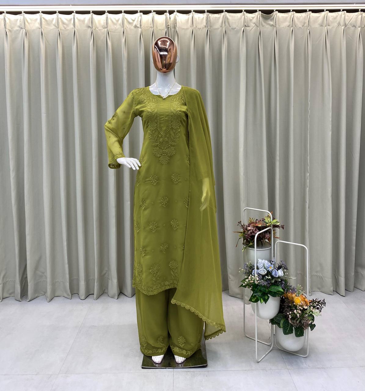 Mehendi Green Faux Georgette Embroidered Kurta Palazzo Set, view 4