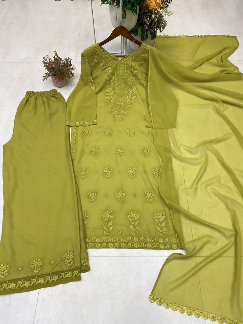 Mehendi Green Faux Georgette Embroidered Kurta Palazzo Set, view 5