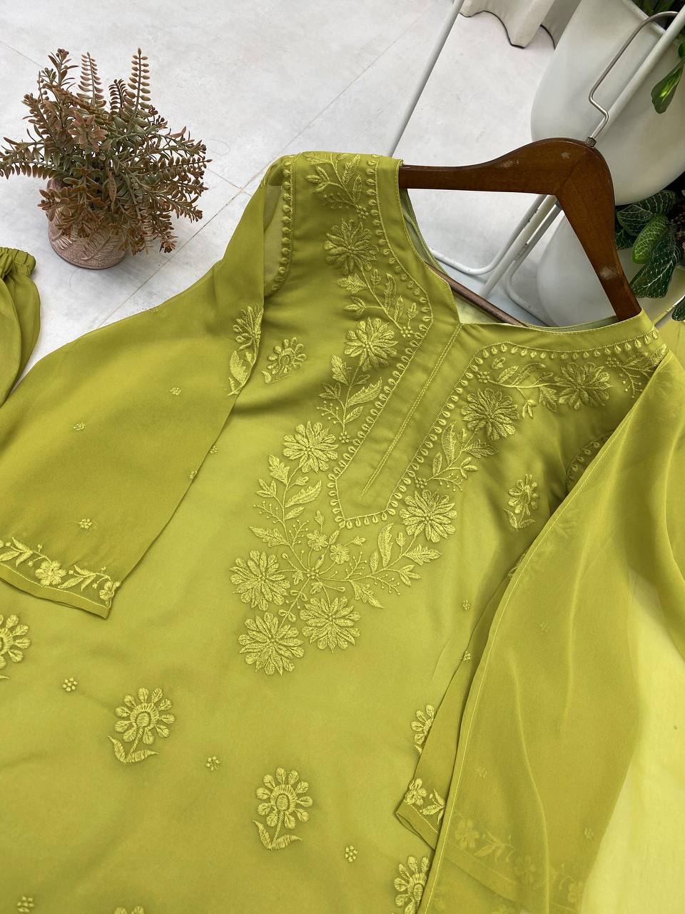 Mehendi Green Faux Georgette Embroidered Kurta Palazzo Set, view 6