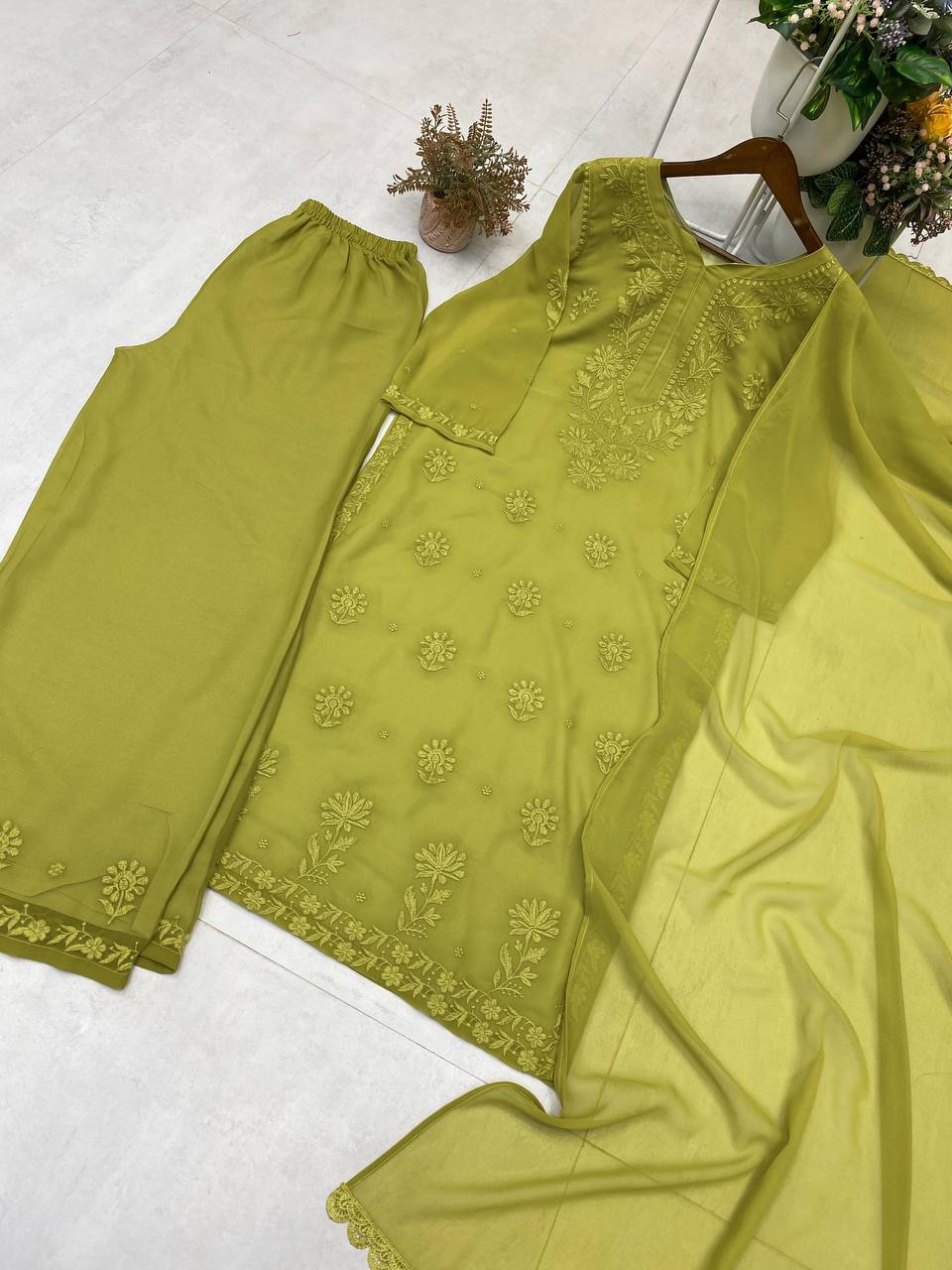 Mehendi Green Faux Georgette Embroidered Kurta Palazzo Set, view 7