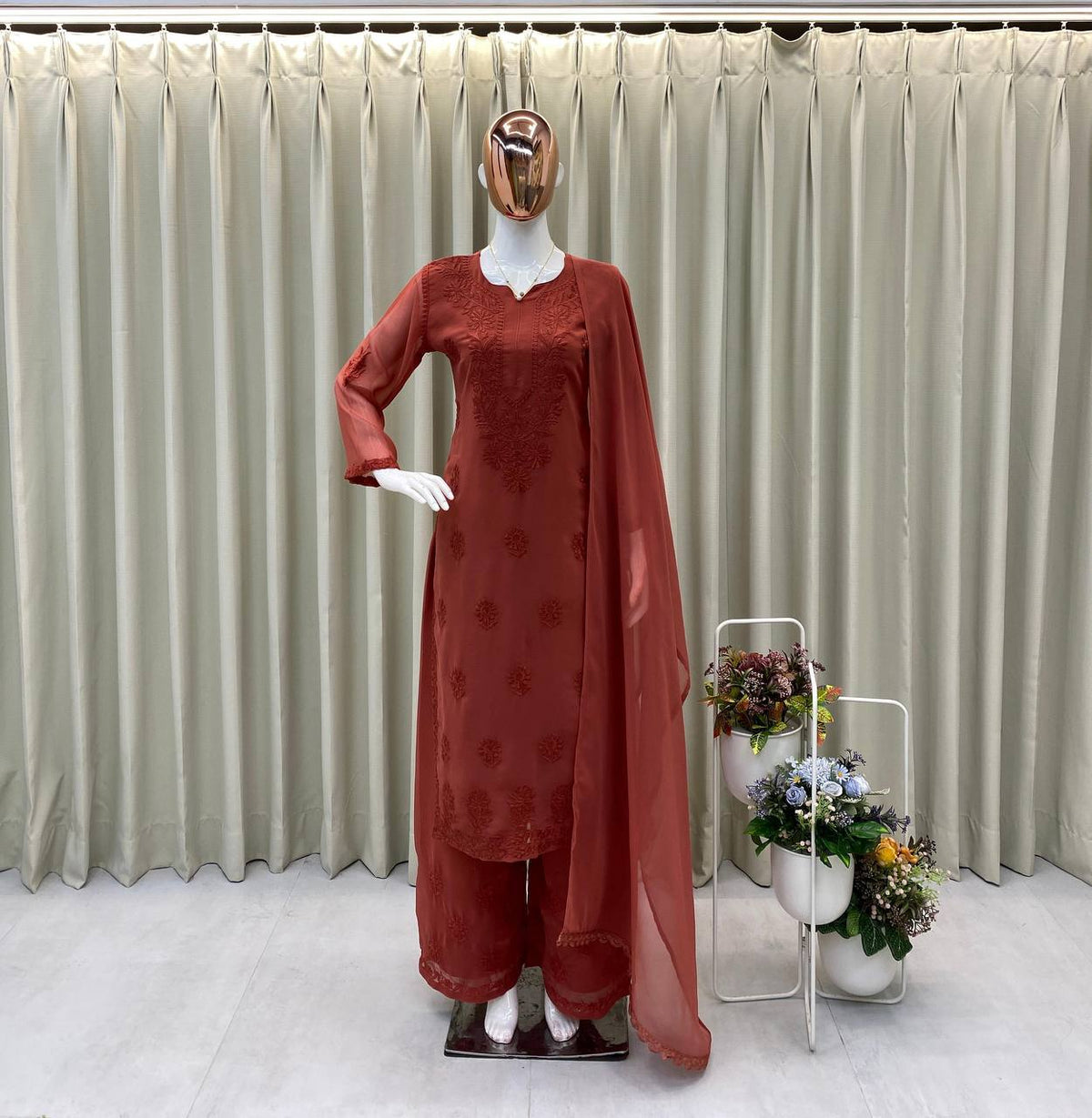 Rust Faux Georgette Embroidered Kurta Palazzo Set, view 3