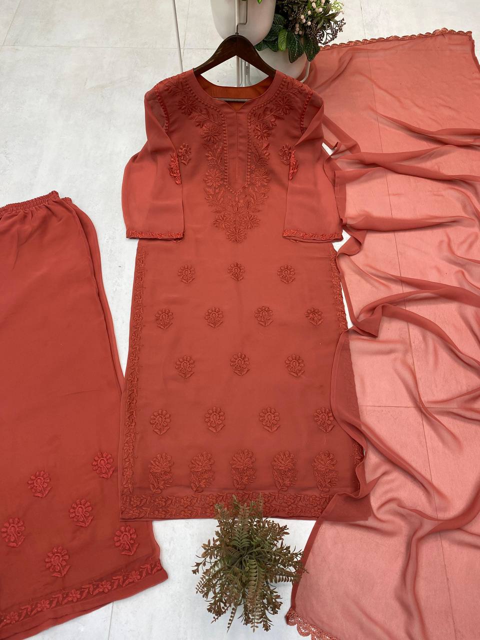 Rust Faux Georgette Embroidered Kurta Palazzo Set, view 4