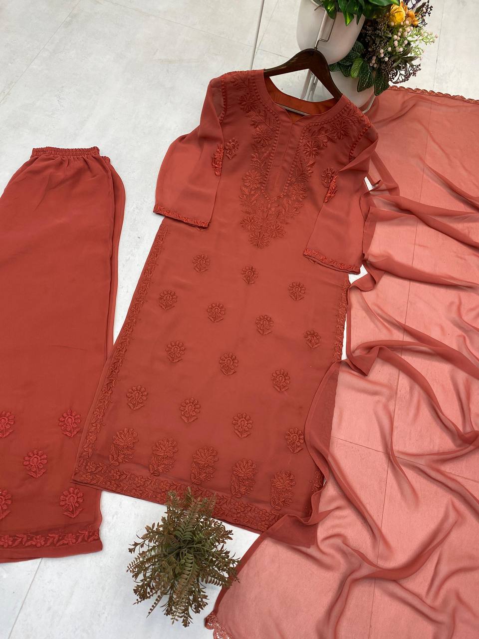 Rust Faux Georgette Embroidered Kurta Palazzo Set, view 5