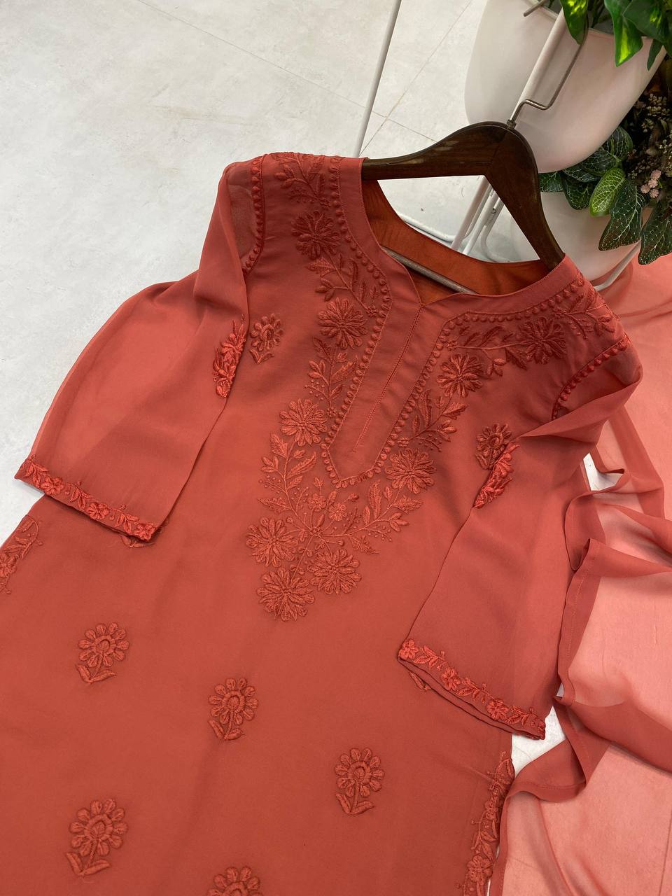 Rust Faux Georgette Embroidered Kurta Palazzo Set, view 6