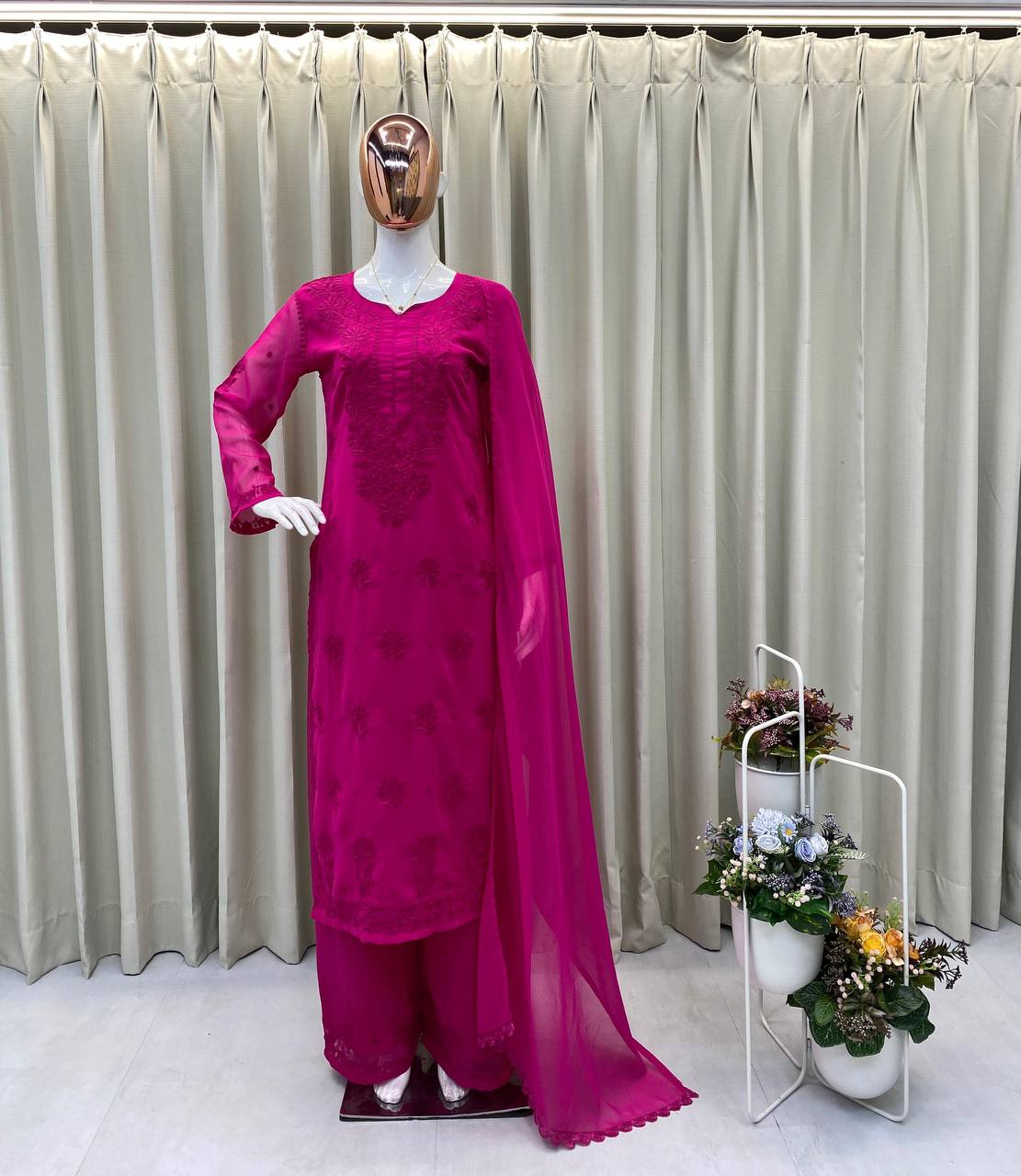 Rani Pink Faux Georgette Embroidered Kurta Palazzo Set, view 3