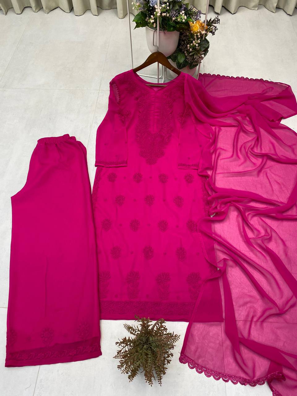 Rani Pink Faux Georgette Embroidered Kurta Palazzo Set, view 4