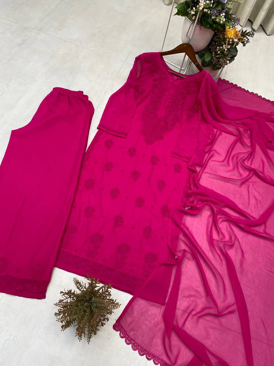 Rani Pink Faux Georgette Embroidered Kurta Palazzo Set, view 5