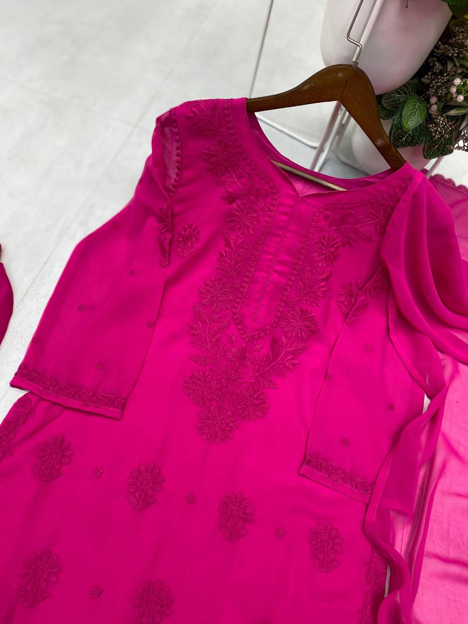 Rani Pink Faux Georgette Embroidered Kurta Palazzo Set, view 6