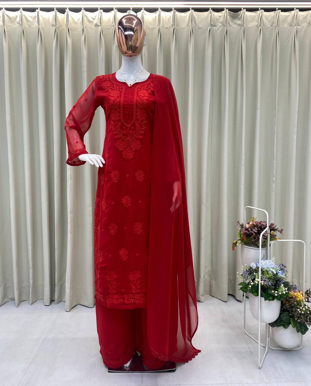 Red Faux Georgette Embroidered Kurta Palazzo Set, view 3