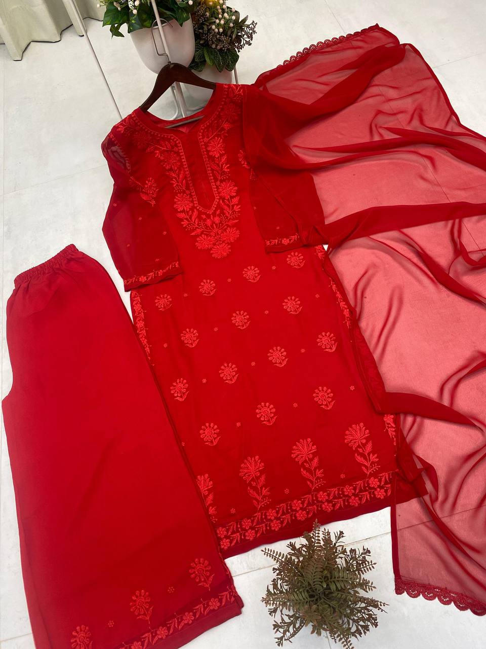 Red Faux Georgette Embroidered Kurta Palazzo Set, view 4