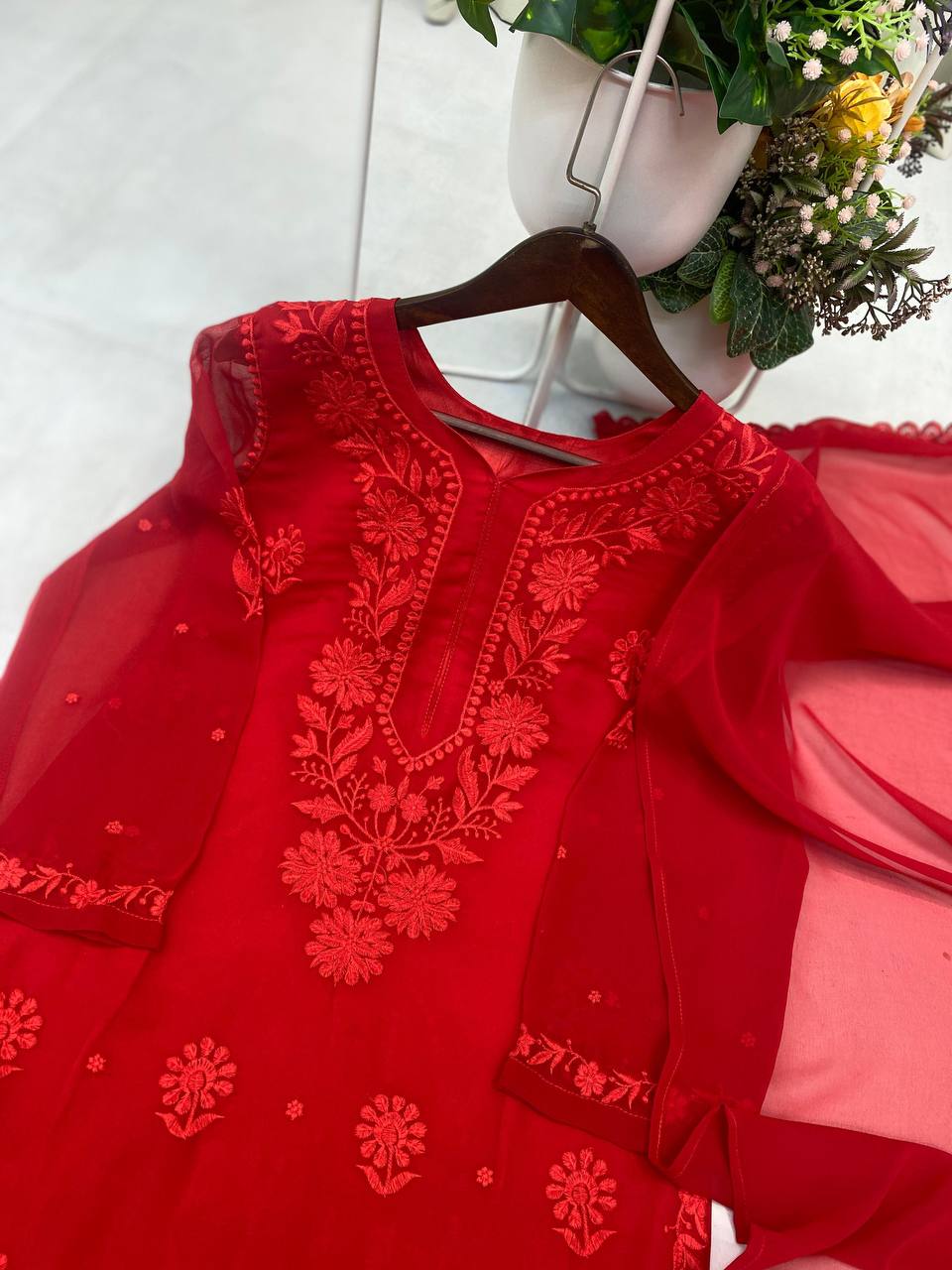 Red Faux Georgette Embroidered Kurta Palazzo Set, view 5