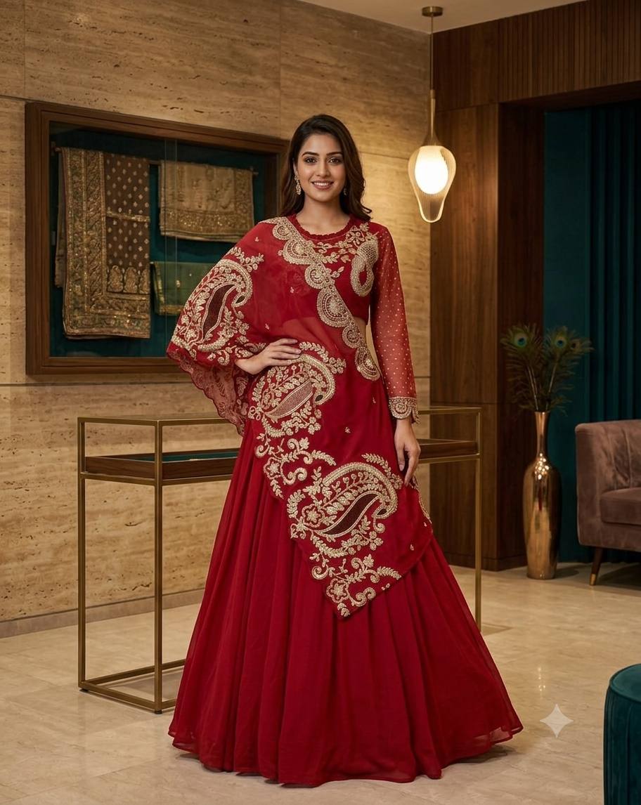 Red Georgette Sequin Lehenga Choli