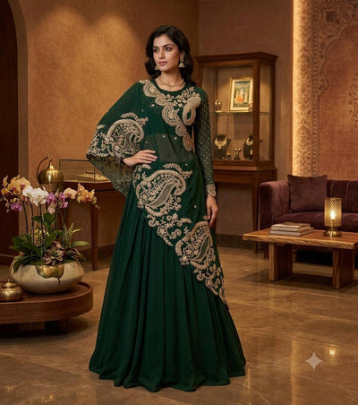 Bottle Green Georgette Sequin Lehenga Choli