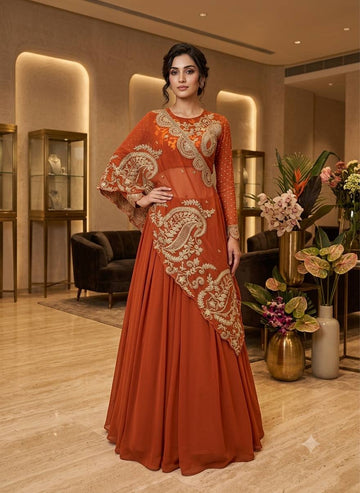 Rust Orange Georgette Sequin Lehenga Choli