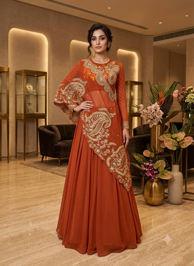 Rust Orange Georgette Sequin Lehenga Choli