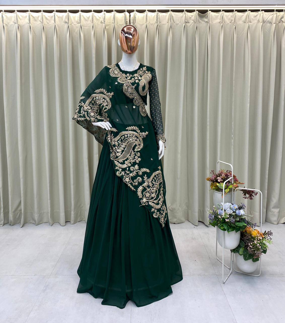 Bottle Green Georgette Sequin Lehenga Choli, view 2