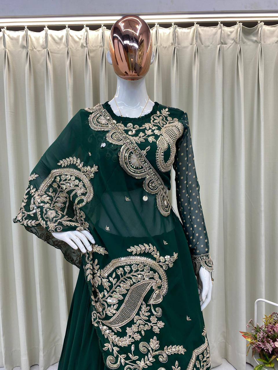 Bottle Green Georgette Sequin Lehenga Choli, view 3