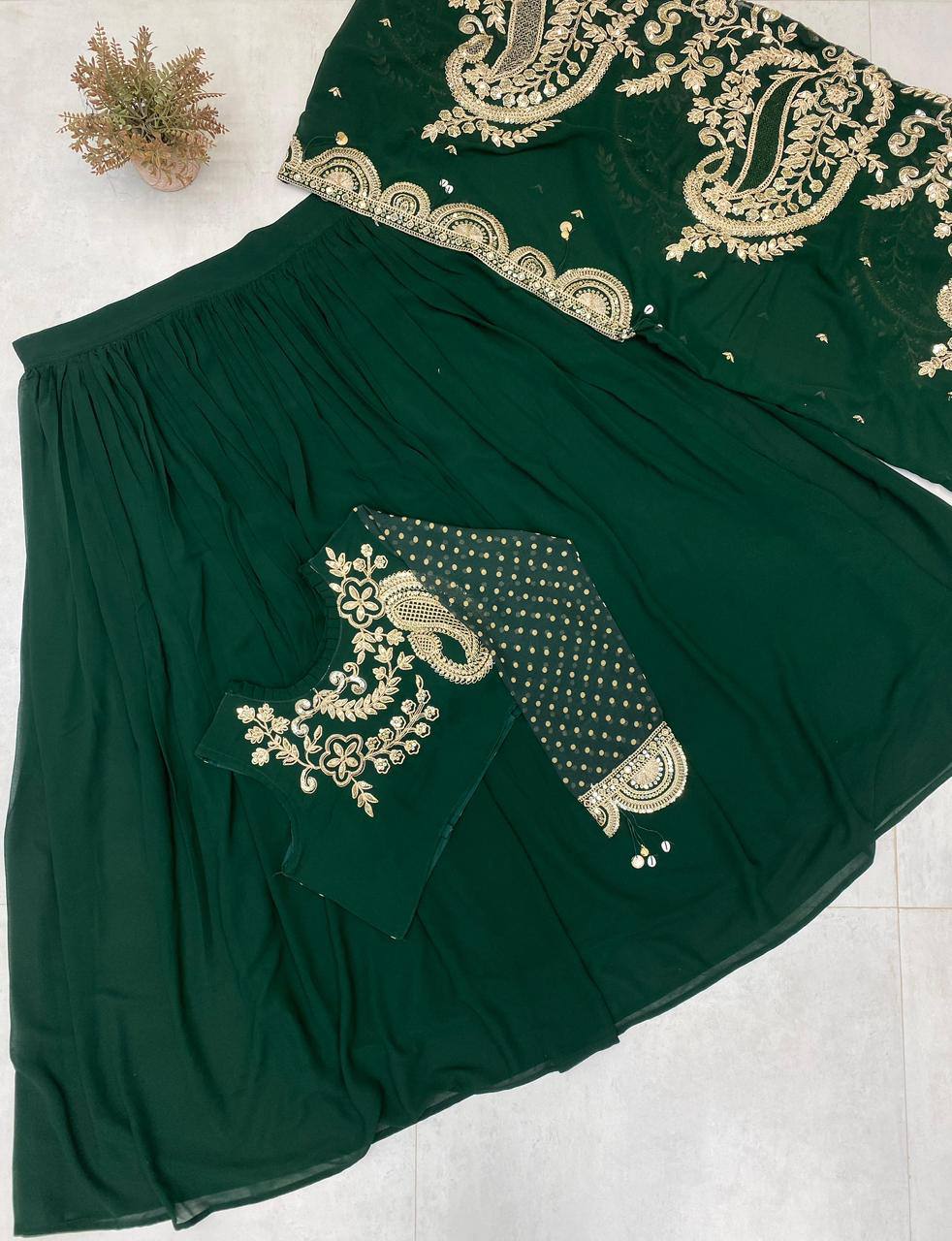 Bottle Green Georgette Sequin Lehenga Choli, view 4