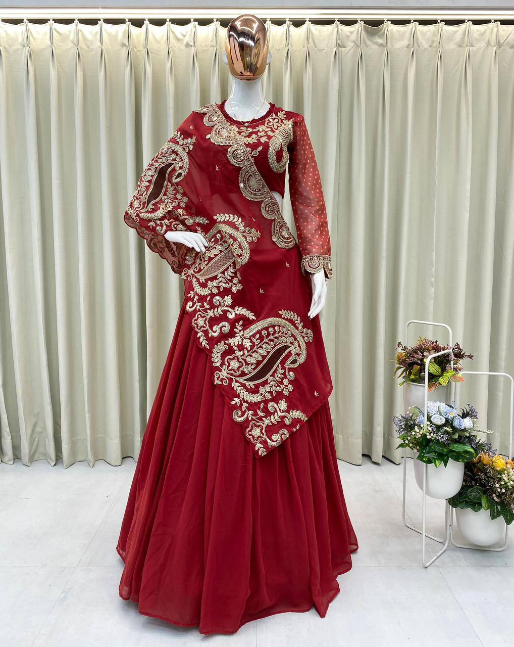 Red Georgette Sequin Lehenga Choli, view 2