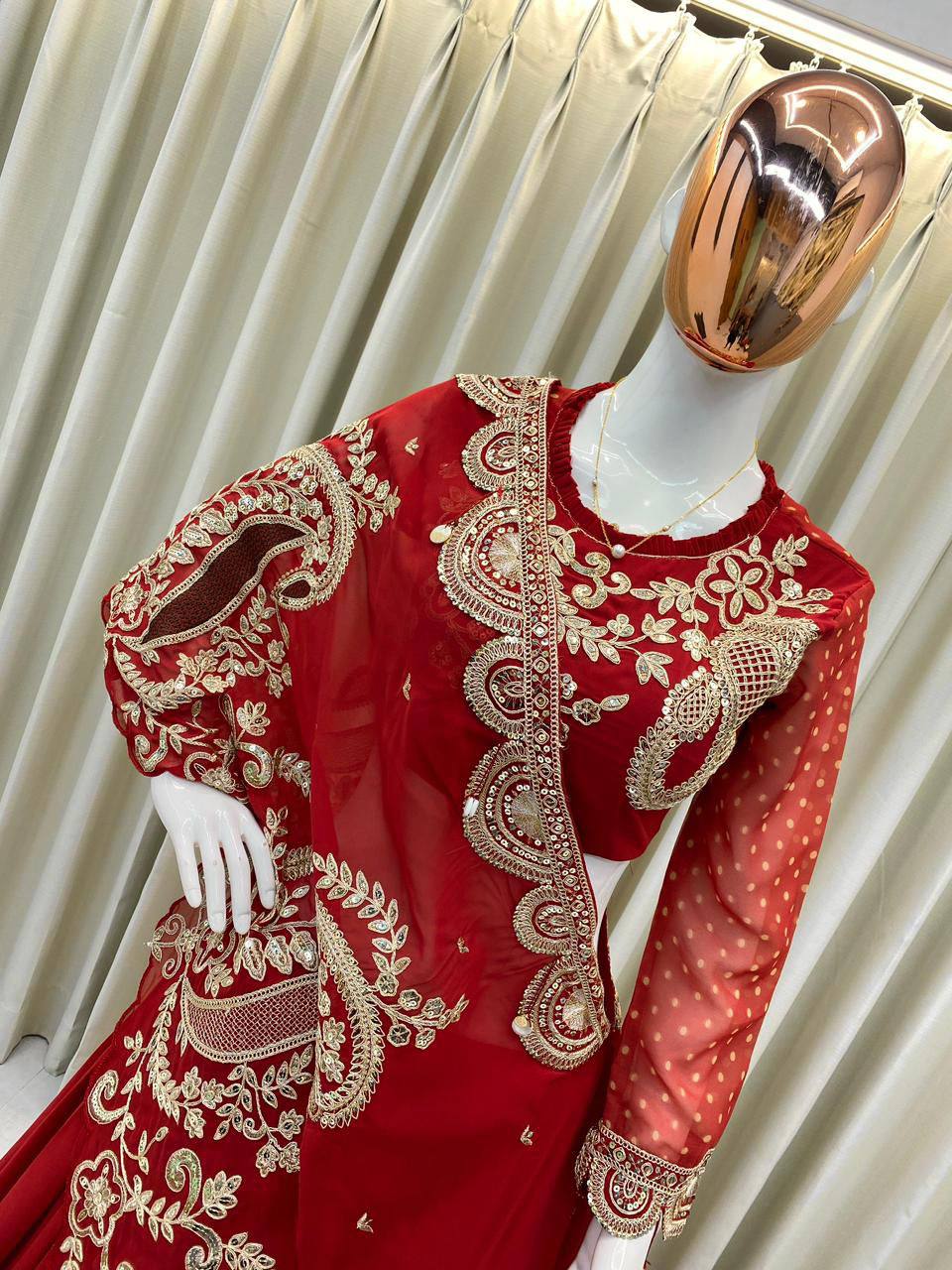 Red Georgette Sequin Lehenga Choli, view 3